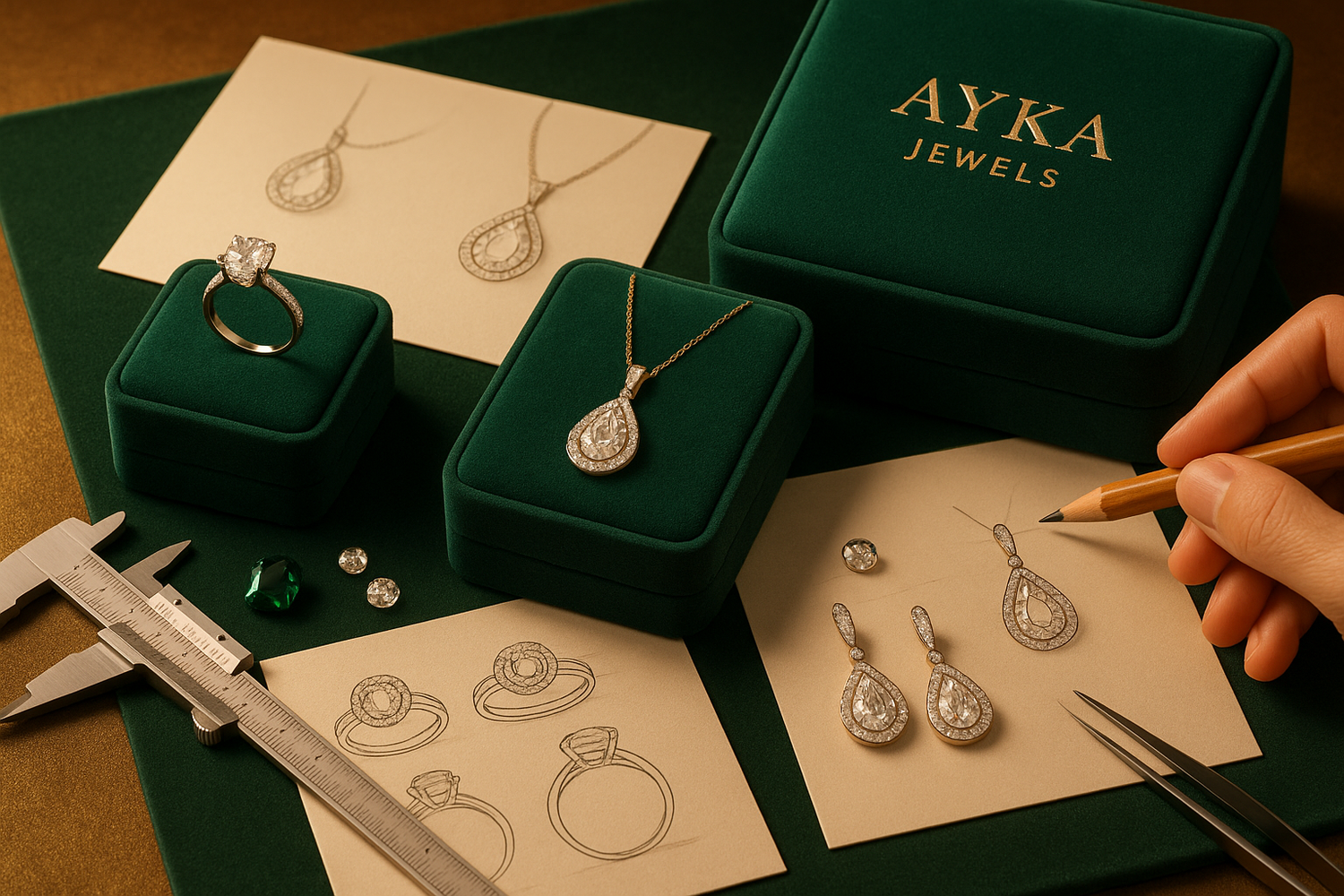 Custom Jewelry Consultation with Emerald Green Boxes
