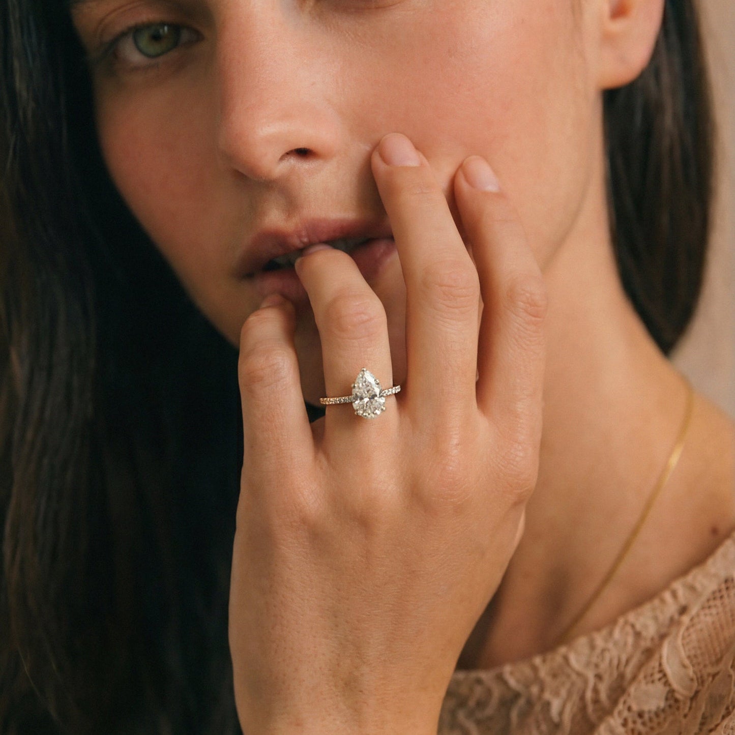 Vivienne Floating Diamond Ring with Hidden Halo and Pavé Band - Pear