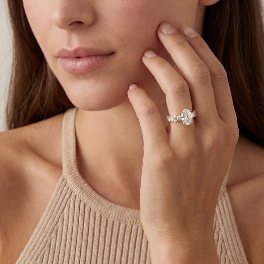 Clara Diamond Ring with Alternating Side Stones - Oval