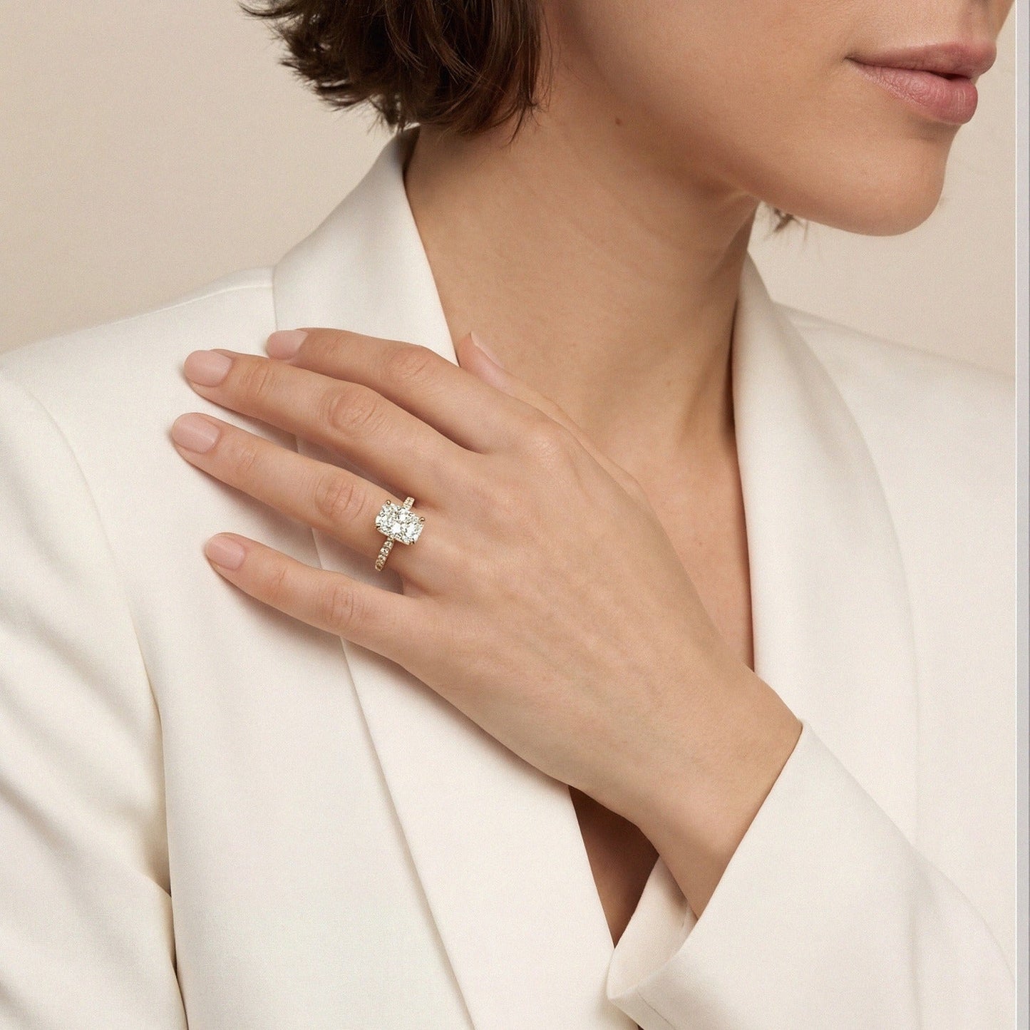 Audrey Hidden Halo Ring with Pavé Bridge and Band - Radiant - AYKA JEWELS