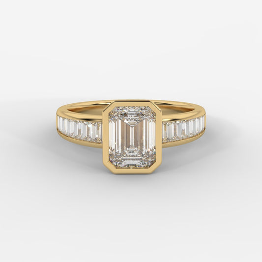 Sienna Bezel Diamond Ring with Baguette Band - Emerald - AYKA JEWELS