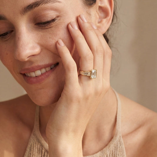 Sienna Bezel Diamond Ring with Baguette Band - Emerald - AYKA JEWELS