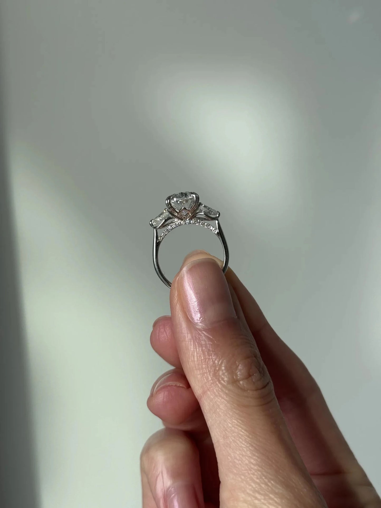 Sorella Brilliant Three-Stone Ring with Petal Prong and Pavé Bridge - Oval - AYKA JEWELS