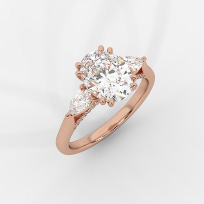 Sorella Brilliant Three - Stone Ring with Petal Prong and Pavé Bridge - Oval - AYKA JEWELS