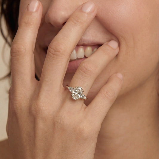 Sorella Brilliant Three - Stone Ring with Petal Prong and Pavé Bridge - Oval - AYKA JEWELS