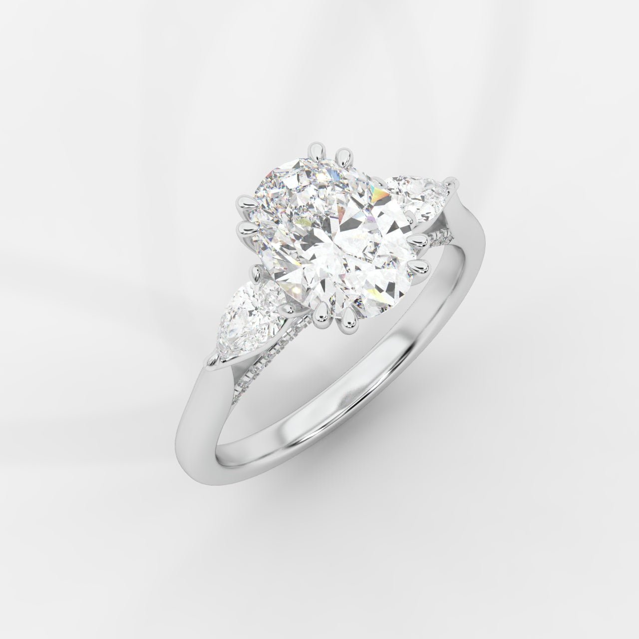 Sorella Brilliant Three - Stone Ring with Petal Prong and Pavé Bridge - Oval - AYKA JEWELS