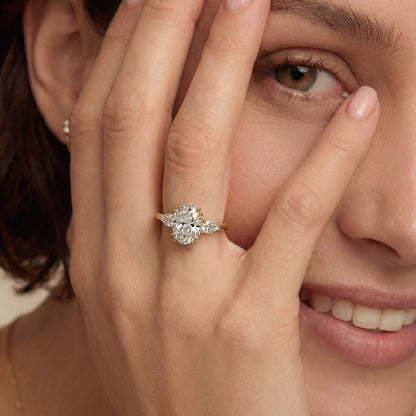 Sorella Brilliant Three - Stone Ring with Petal Prong and Pavé Bridge - Oval - AYKA JEWELS