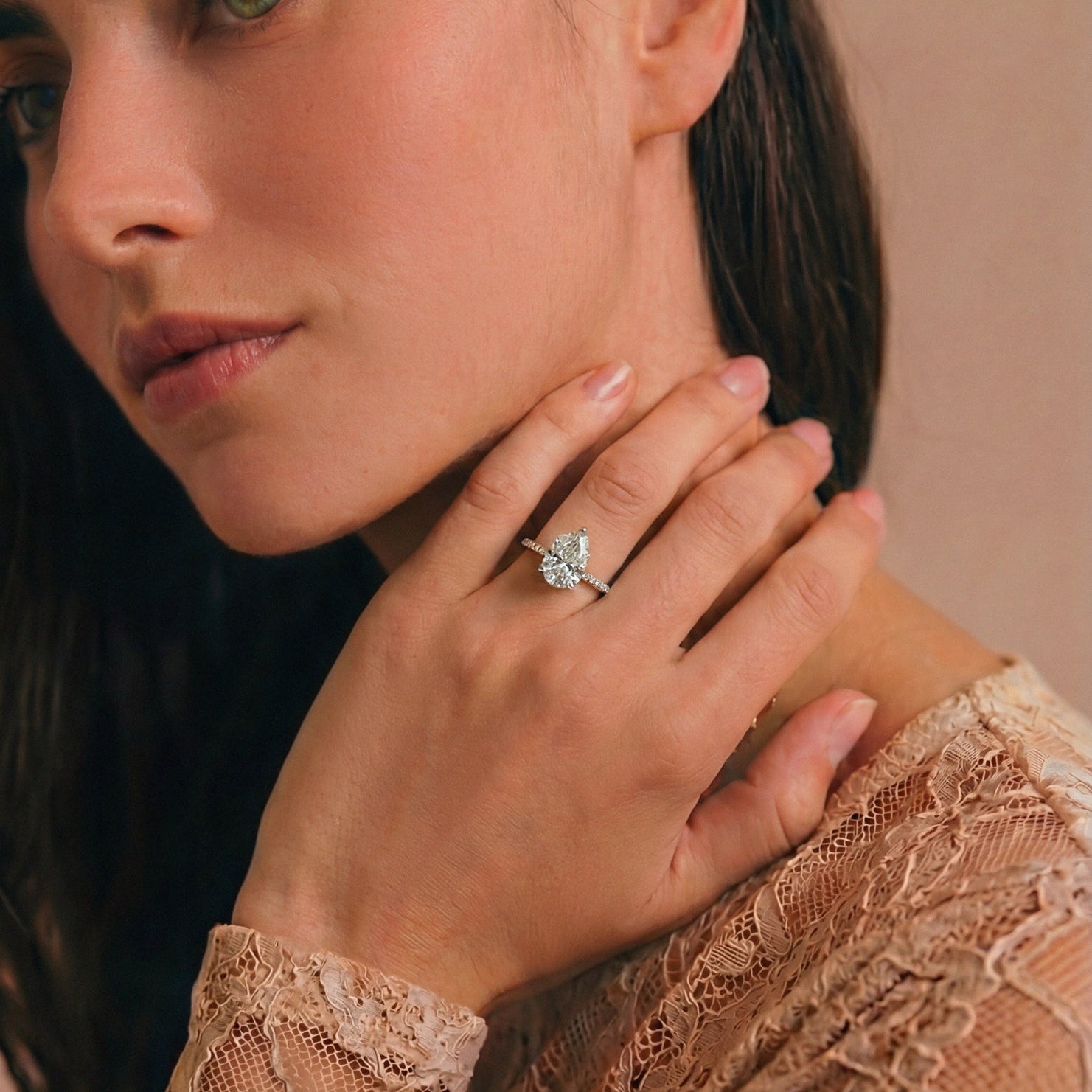 Vivienne Diamond Ring with Hidden Halo and Pavé Band - Pear - AYKA JEWELS