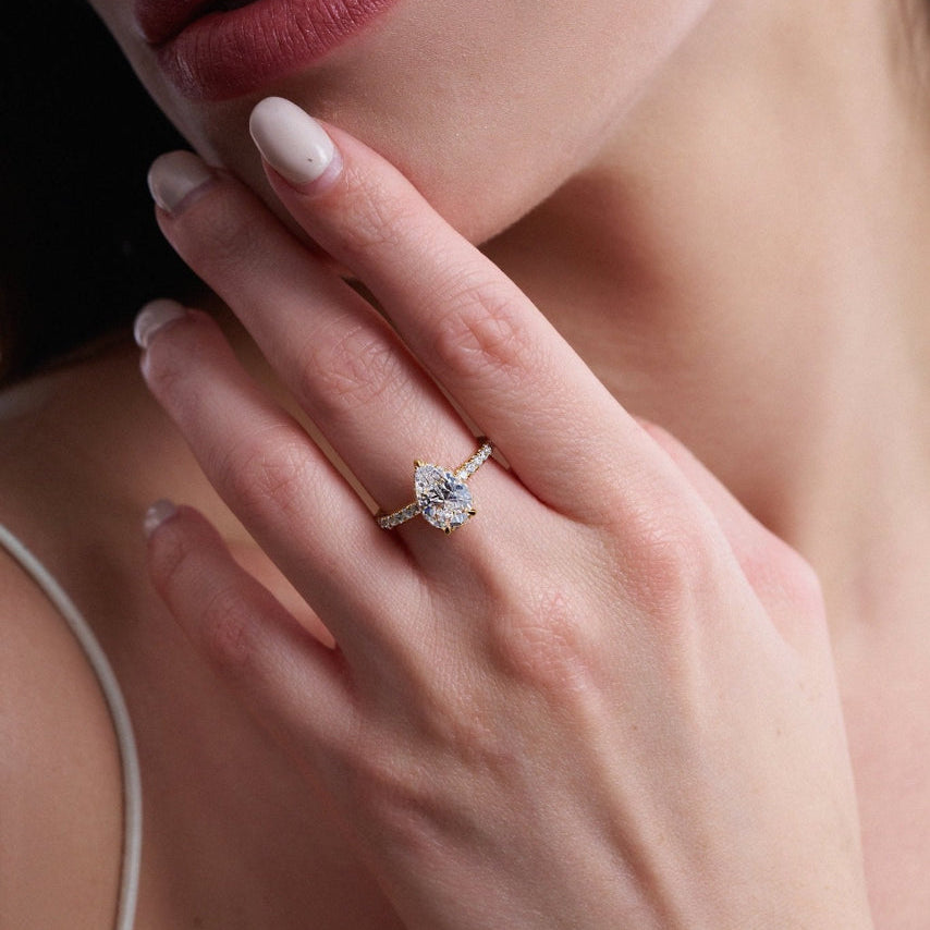 Vivienne Diamond Ring with Hidden Halo and Pavé Band - Pear - AYKA JEWELS